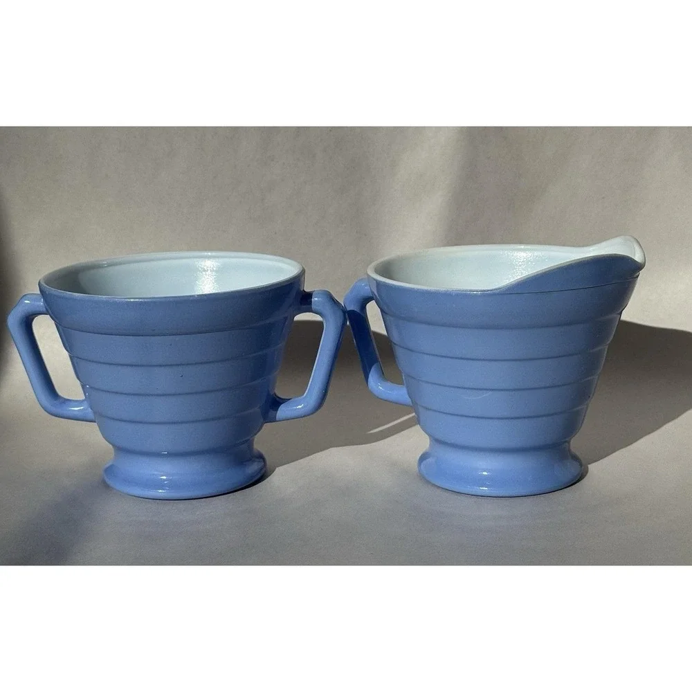 Hazel Atlas Moderntone Pastel Blue Creamer & Sugar Bowl Platonite 1930-40 VTG